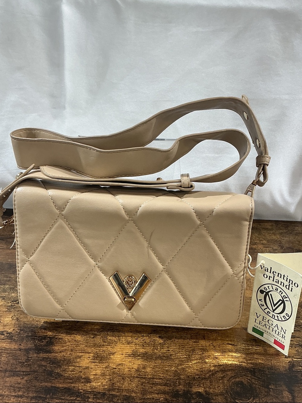 Valentino Orlandi Beige Quilted Crossbody with Gold V Emblem